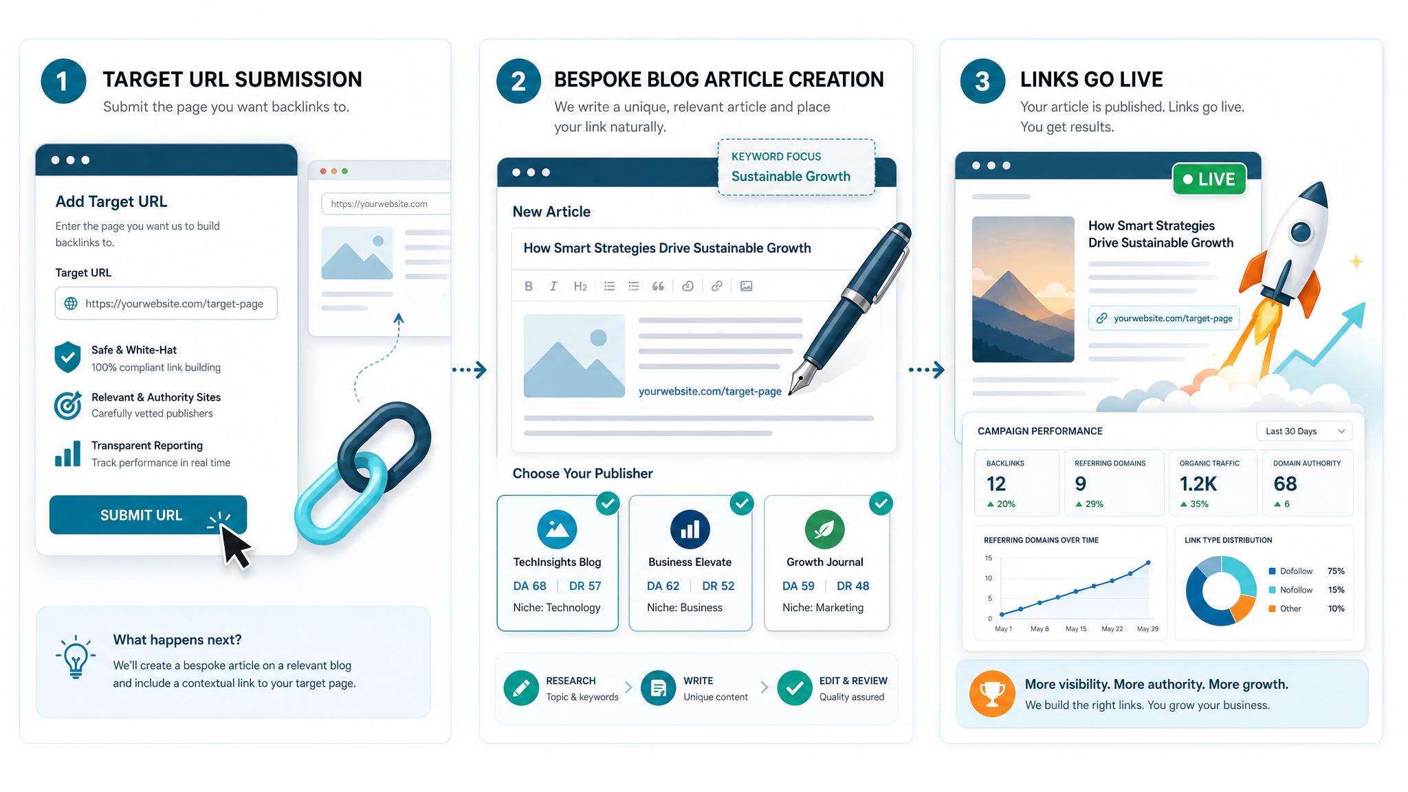 Fresh SEM backlink order process from URL submission to live reporting