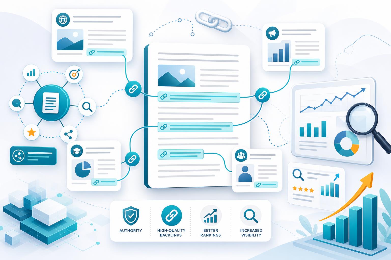 Fresh SEM backlink building service showing contextual links, authority checks, campaign reporting, and search growth