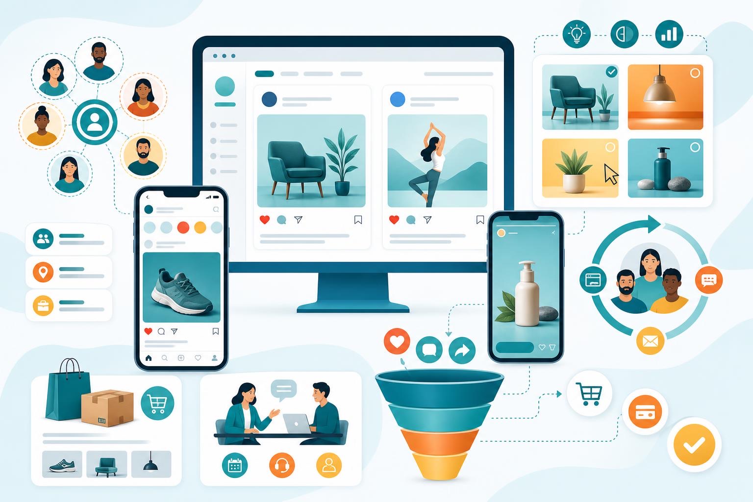 Fresh SEM Facebook Ads illustration showing audience segments, creative testing, retargeting, social feed ads, and a conversion funnel