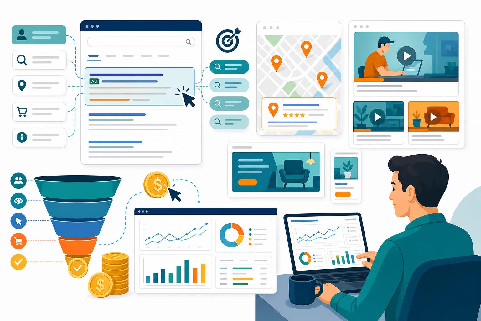 Fresh SEM Google Ads illustration showing search intent, keyword targeting, campaign controls, Google Maps, YouTube, display placements, and conversion growth