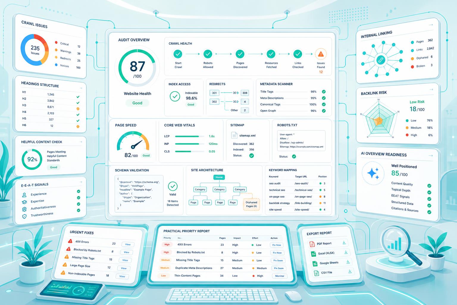 Fresh SEM SEO audit illustration showing crawl issues, search visibility checks, page speed, metadata, and internal linking