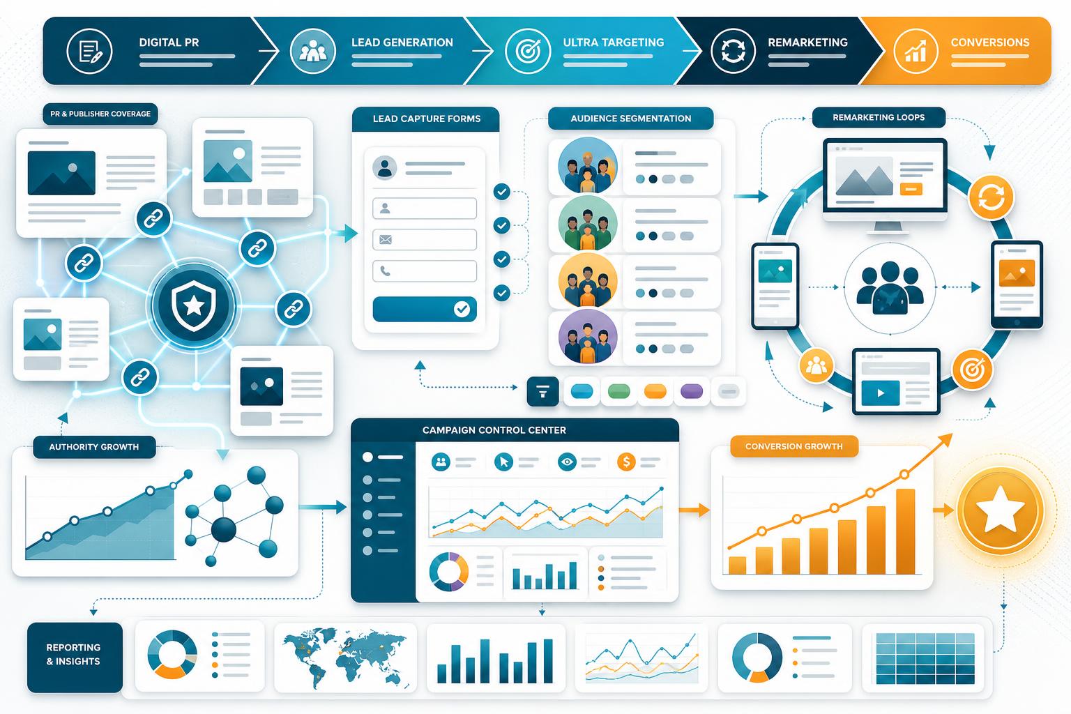 Fresh SEM Ultra Targeted Marketing illustration showing Digital PR, lead generation, remarketing, audience targeting, and growth reporting
