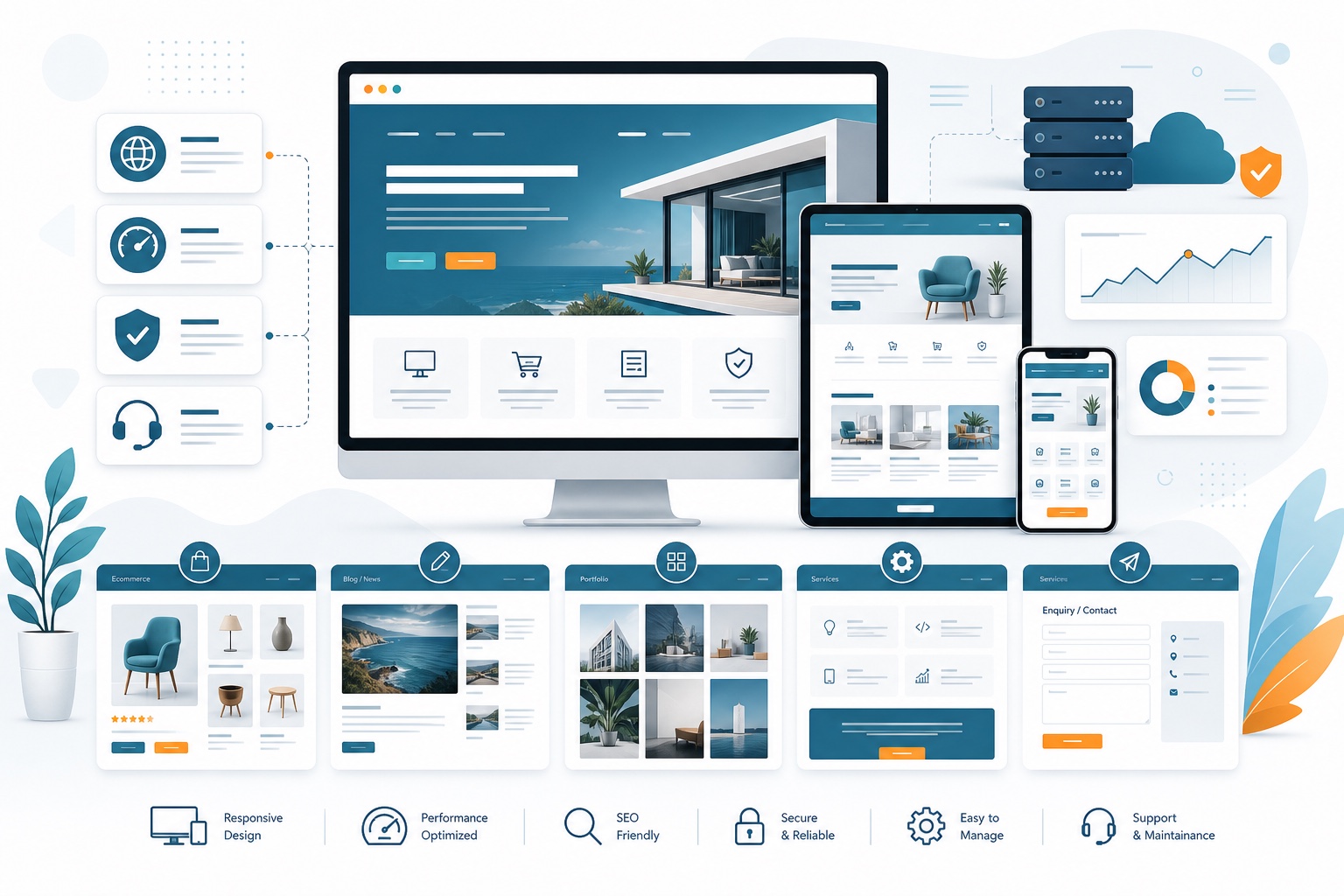 Fresh SEM website design illustration showing responsive website layouts, ecommerce pages, content pages, hosting, and support